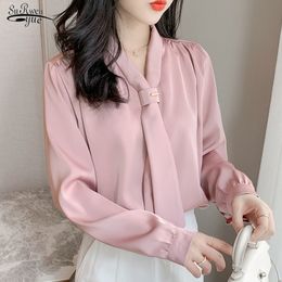 Autumn Long Sleeve Shirt Women Chiffon V-neck Tops and Blouses Clothes OL Style Office Lady Satin Loose 10842 210521