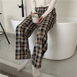 Checkered Pants for Women Vintage Plaid Pants Fashion Korean Style Wide Leg Pants Women Summer Blue Harajuku Oversized Trousers 211105