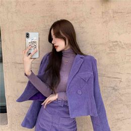 Lucyever Autumn Korean Chic 2 Peice Sets Womens Purple Loose Suit Woman Sexy Sashes Slit Fishtail Femme Elegant Sweet Clothes 210521