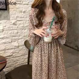 Neploe Printing Dress Women Fashion V Neck Long Sleeve Ladies Vestidos Summer Single-breasted Elegant Slim Waist Female Dresses 210423