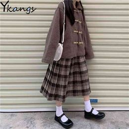 Woman Winter Japanese 2pcs set Faux Fur Teddy Coat+Wool Plaid pleated skirt autumn Harajuku Korean cute Loose Jacket ropa mujer 210421