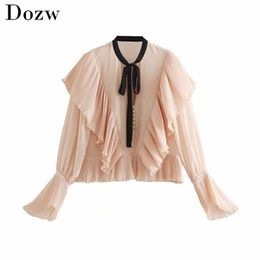 Fashion Women Stylish Bow Neck Pink Blouse Flare Long Sleeve Buttons Chic Shirt Ruffles Hollow Out Ladies Tops Pleated Tunic 210414