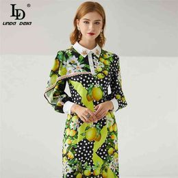 Ruffles Elegant Polka Dots Fruit Print Mini Dress Women Fashion Designer Autumn Vintage Shirt style 210522