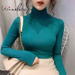 Peacock Blue Spring Solid T-shirt Women Knitted Stretchy Turtleneck Slim Long Sleeve Casual Tops Tee T01404B 210421