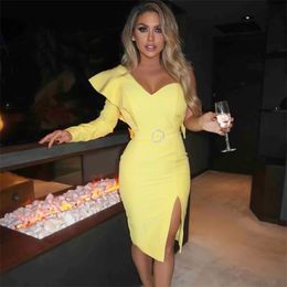 Free Sexy Yellow Bandage Dress Women One Shoulder Long Sleeve Ruffled Belt Bodycon Club Party Vestidos 210524