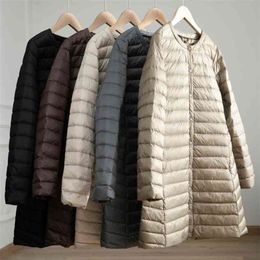 Women's Light Down Jacket Autumn Winter Long Large Size Round Neck Snap Button Sleeve Warm Coat Lady Soft Outerwear 210916