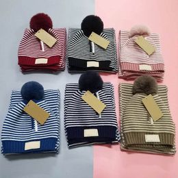 Fashion Winter Knitted Kids Caps And Scarves Set Stripe Knitting Beanies Ball For Baby Soft Scarf With Tags wholesale