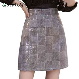 Weave Sequin Check High waist Skirts All-match A-line Short Mini Fashion Sexy Saia Plus Size Zipper Liner 210601