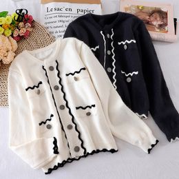 Women Solid Ripple Knitting Cardigan Korean O Neck Loose Casual Buttons Autumn Winter Fashion Long Sleeve Cardigans 210419