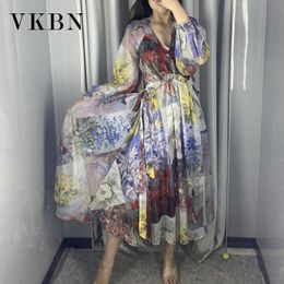 VKBN Summer Dress Women Muslin Print V Neck Loose Long Lantern Sleeve Purple Floral Maxi Dresses 210507