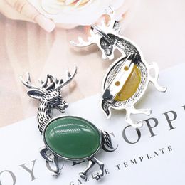 Natural Stone Gem Brooch Elk Deer Pendant Rose Quartz Crystal Jade Onyx Bead Necklace Healing Jewelry for women Rope Chain