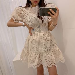 Summer Runway Embroidery Hollow Out Lace Women Short Puff Sleeve Loose Ball Gown Girls Sweet Mini Dress With Belt 210416