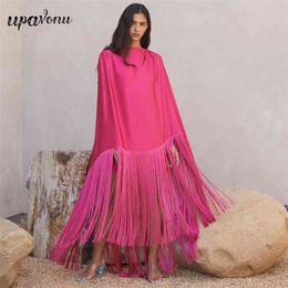 Free Chic Women Loose Dress Elegant O-Neck Spaghetti Strap Bodycon & Tassel Cloak Long Top Two Piece Set 210524