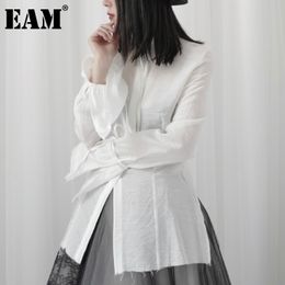 [EAM] Women White Burr Casual Bow Slit Blouse Lapel Long Sleeve Loose Fit Shirt Fashion Spring Autumn 1DD6706 210512