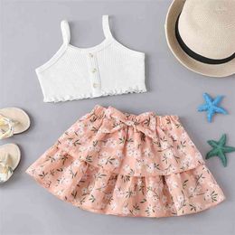 Summer Children Sets Casual Strap Single Breasted White Solid Tops Bow Print Floral Skirt Cute 2Pcs Girls Clothes Set 0-2T 210629