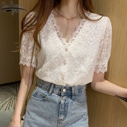 Summer Korean V-neck Lace Stitching Women Shirts Short-sleeved Hollow Out Top Female Tops and Blouse 13985 210427