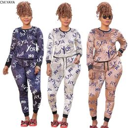 CM.YAYA Letter Print Plus Size XL-5XL Women's Set Long Sleeve T-Shirt Jogger Pants Suit Tracksuit Two Piece Set Fitness Outfits 210727