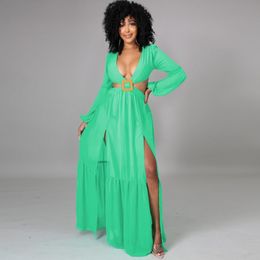 Casual Dresses Women Summer Waist Cut Out Backless Maxi Dress 2021 Yellow Boho Beach Evening Party Long Sleeve Vestidos Female