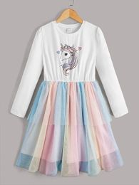 Girls Unicorn Print Mesh Overlay Dress SHE