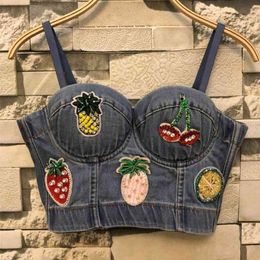 Cowboy Beads Push Up Denim Bustier Crop Top Women Ripped Sexy Cropped Feminino Strappy Bralette Bras Camis Tops 210527