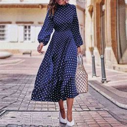 Boho Lantern Sleeve Polka Dot Printed Long Dress Women Elegant Vintage Stand Collar Long Sleeves Autumn Dress Plus Size 210409