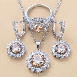 champagne jewelry UK - Earrings & Necklace Round Flower Champagne Zircon Silver Color Fashion Vintage Costume Jewelry Sets For Women Gift