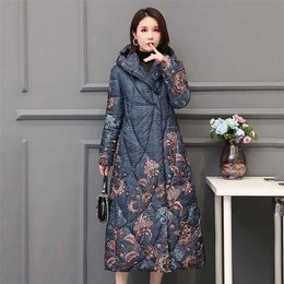 Chinese Style Women's Winter Down Cotton Jacket X-long Printing Loose Thick Outwear Hooded Loose Covered Button Female Cold Coat 210930