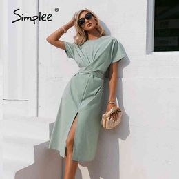 Cotton knotted straight women Casual O neck chic split Elegant green loose short sleeve ladies midi dress 210414