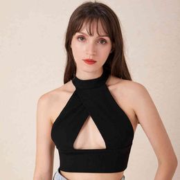 2020 Summer Stretch Bandage Female Vest Tight Thin Ladies Sexy Night Club Party Halter Cross V Collar Wild Banquet Holiday Top X0507