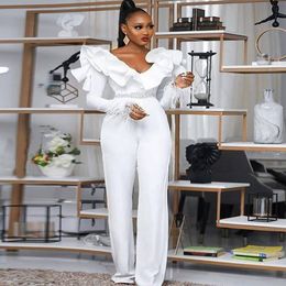 African White Jumpsuit Evening Dresses 2021 Sexy V Neck Long Sleeve Black Girls Prom Dress With Feather Plus Size Formal Party Gowns Robe De Soirée Mariage