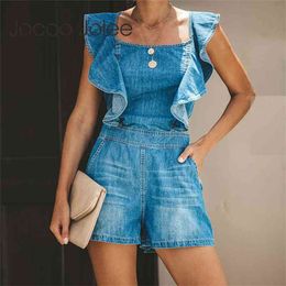 Women Elegant Ruffles Lace Up Backless Playsuits Denim Pockets Short Jumpsuits Summer Sexy Beach Romper 210428