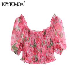 Women Fashion Floral Print Ruffles Cropped Blouses Short Sleeve Smocked Elastic Female Shirts Chic Tops 210420
