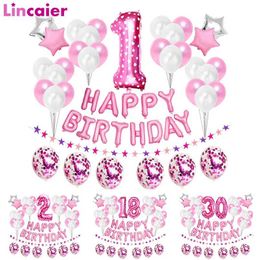 37Pcs Pink Number 1 2 3 4 5 6 7 8 9 Years Old Balloons Happy Birthday Party Decorations Kids Baby Girl Princess 15 16 18 30 40 211216