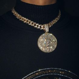 Iced Out Cubic Zircon NO 7 Coin Pendant With Rhinestone Big Miami Cuban Chain Choker Necklace Fashion Hip Hop Men Jewellery Necklaces