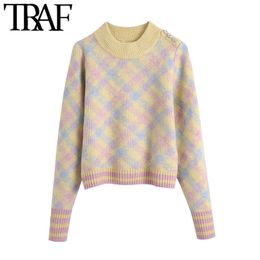 TRAF Women Sweet Fashion With Rhinestone Buttons Knitted Sweater Vintage O Neck Long Sleeve Female Pullovers Chic Tops 210415