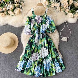 est Floral Print Knee-length Vacation Dress Sexy Off shoulder Puff sleeve Elastic waist A-line Hydrangea Green 210525