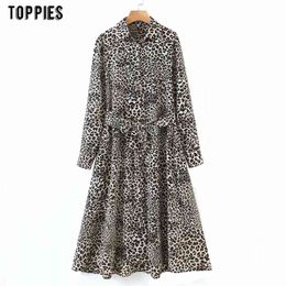 dresses for women party leopard print feminine with belt long sleeves shirt collar spring and autumn dress 210421