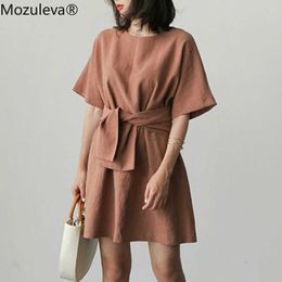 Mozuleva Women Spring Summer Dress High Waist Korean Style Casual Fashionable Lace Up Above Knee Linen Dress femme 328 210706