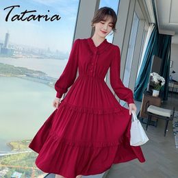 Spring Elegant High Waist Midi Dress for Women Chic Sundress Red V-neck Long Sleeve Ruffles Dresses Party Ladies Vestidos 210514