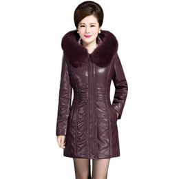 Leather Jacket Women Winter Plus Size Thick Warmth Fur Hooded Coats Long Slim High Quality Outwear Clothing Feminina LR953 210531