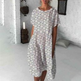 Sunflower Print Casual Dress Women Round Neck Short Sleeve Summer Female Loose Plus Size Midi 210603