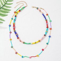 Necklace 2 Pcs/Set Bohemian Multicolor Glass Beads Handmade Beaded Chain Necklaces For Women Beach Style Flower Necklace Gift