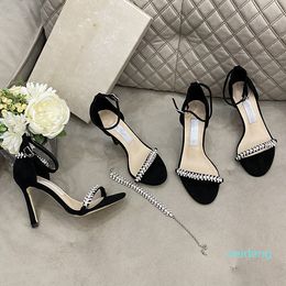 Women Luxury designer High heels Sandals wedding shoes Black Lace up crystal Genuine Leather Thin heel 8cm-10cm 8858