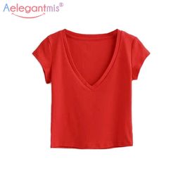 Aelegantmis Sexy V-Neck T Shirt Women Casual Crop Tops Spring Summer Solid Short T-Shirt Girl Slim Tee Streetwear 210607