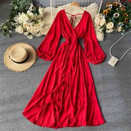 Holiday Women V Neck Long Sleeve Lace Up High Waist Irregular Ruffle Dress Lady Solid Colour Elegant Vestidos K921 210527