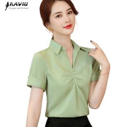 Professional Short Sleeve Light Green Satin Shirt Women V Neck Temperament Blousese Office Ladies Formal Work Tops 210604