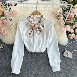 Neploe Work Style Ol Temperament Blouse Women Lace Up Bow Tie Loose Blusas Long Sleeve Single Breat Shirt Spring 210510