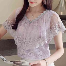 Purple Spring Summer Women Tops lace Blouse shirt fashion women's blouses ruff short sleeve female 824A 210420