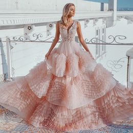 Pink Layered Tulle Arabic 2022 Prom Dresses V Neck Tiered Ruffles Evening Formal Party Second Reception Gowns