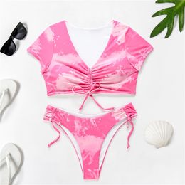 Tie Dye Swimsuit Sport Bandage Push Up Bikini Set Short Sleeve Thong Biquinis Women Swimwear Lace Swimming Bathing Suit 210520